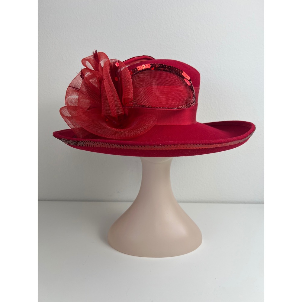 Vintage Deborah Fashions‎ Red 100% Wool Church Formal Derby Wide Brim Hat USA
